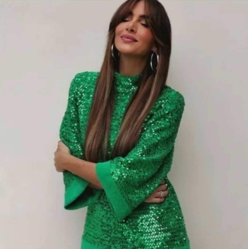 ZARA High Collar Sequin Green Top
